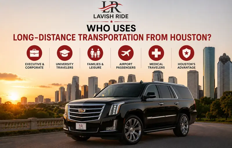 Cadillac Escalade in Houston serving executives, university travelers, families, airport passengers, and medical travelers with luxury long-distance transportation across Texas.